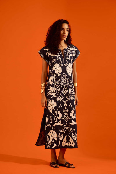 Blue Denim Maxi Dress With Ivory Garden Thread Embroidery