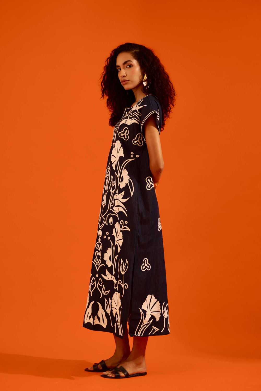 Blue Denim Maxi Dress With Ivory Garden Thread Embroidery