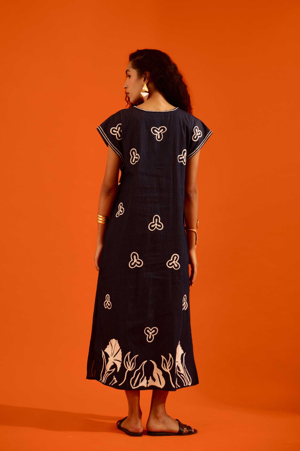 Blue Denim Maxi Dress With Ivory Garden Thread Embroidery