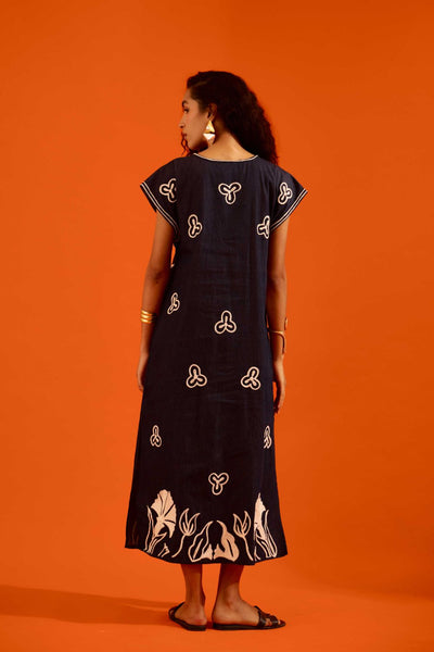 Blue Denim Maxi Dress With Ivory Garden Thread Embroidery