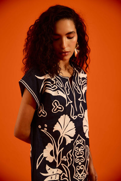 Blue Denim Maxi Dress With Ivory Garden Thread Embroidery