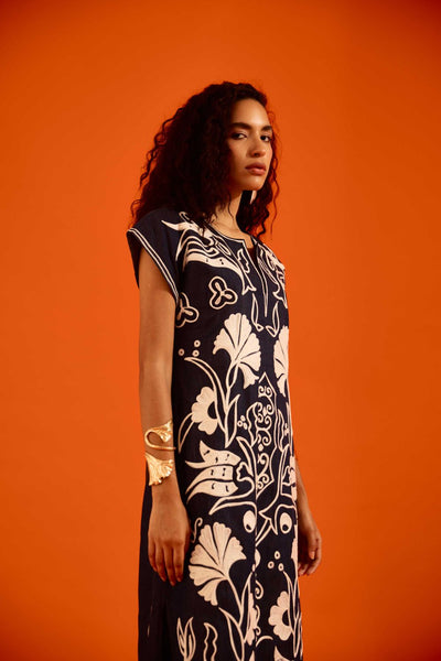 Blue Denim Maxi Dress With Ivory Garden Thread Embroidery