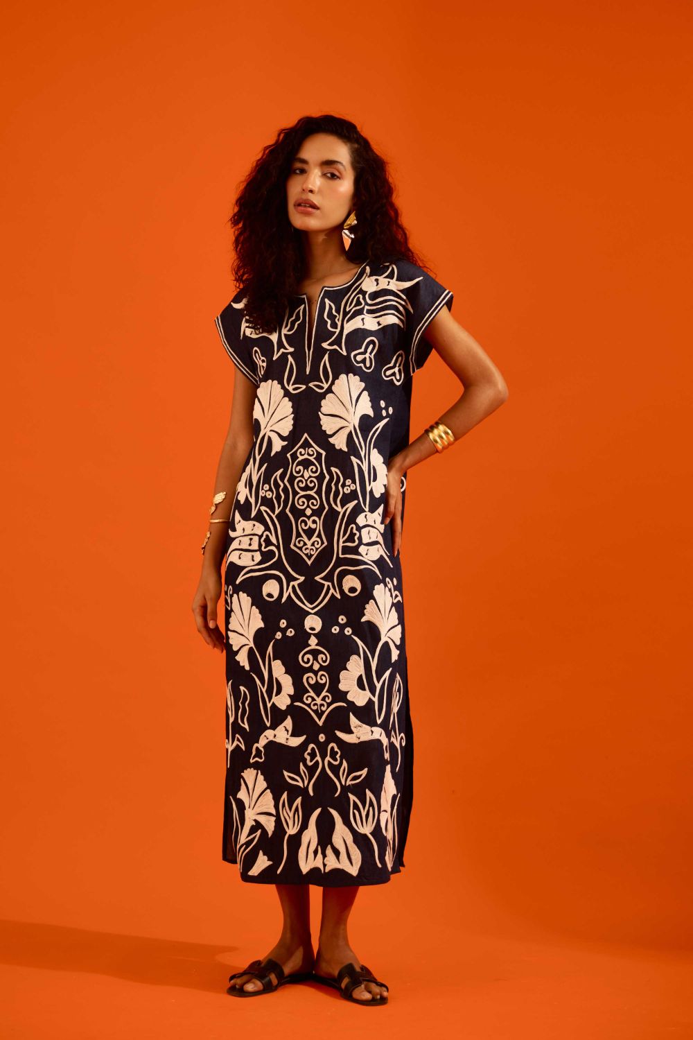 Blue Denim Maxi Dress With Ivory Garden Thread Embroidery