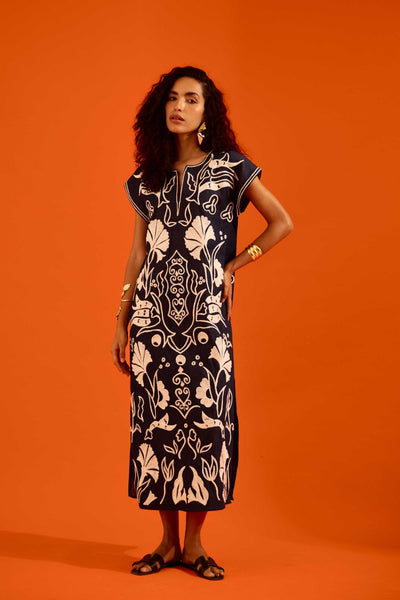 Blue Denim Maxi Dress With Ivory Garden Thread Embroidery