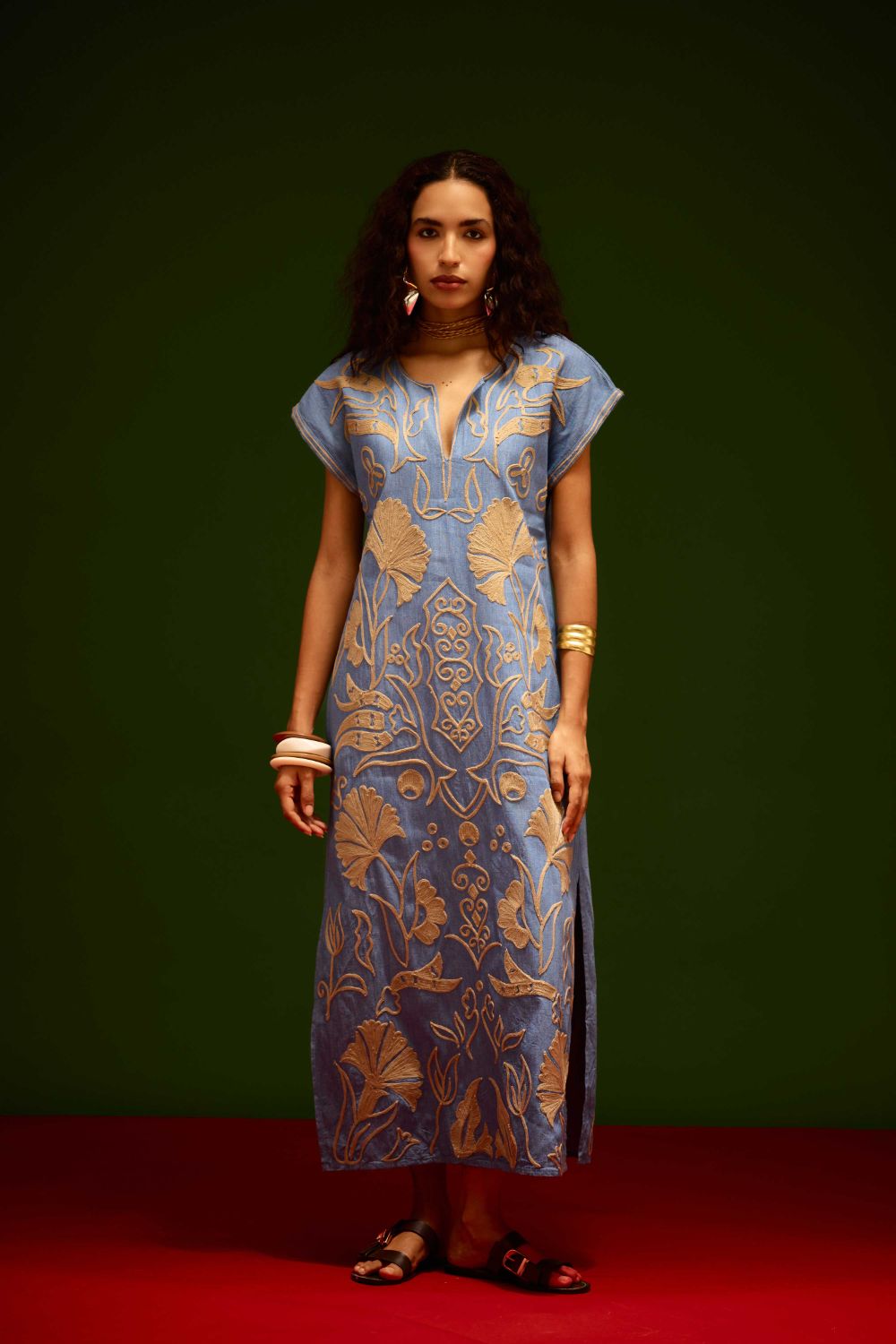 Denim Blue Cotton Maxi Dress With Orange Garden Thread Embroidery