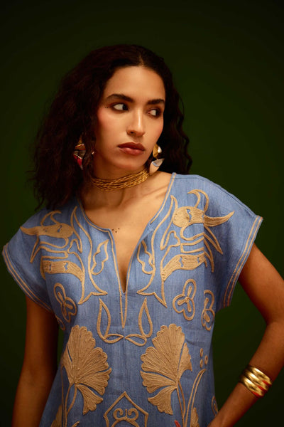 Denim Blue Cotton Maxi Dress With Orange Garden Thread Embroidery