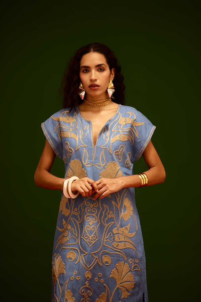Denim Blue Cotton Maxi Dress With Orange Garden Thread Embroidery