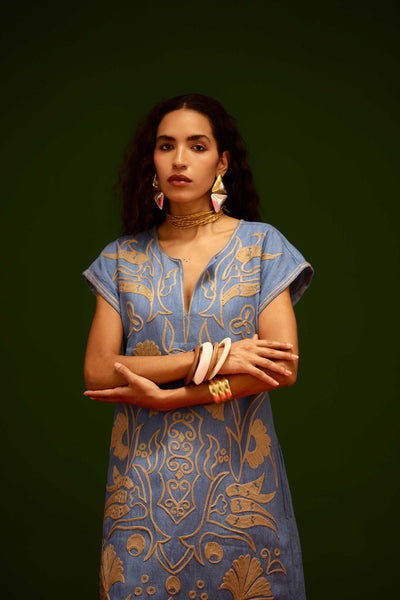 Denim Blue Cotton Maxi Dress With Orange Garden Thread Embroidery