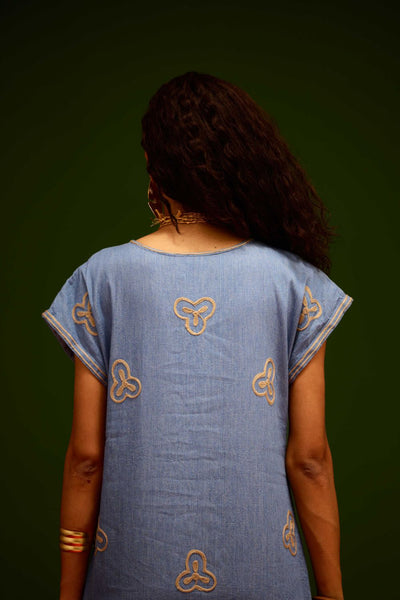 Denim Blue Cotton Maxi Dress With Orange Garden Thread Embroidery