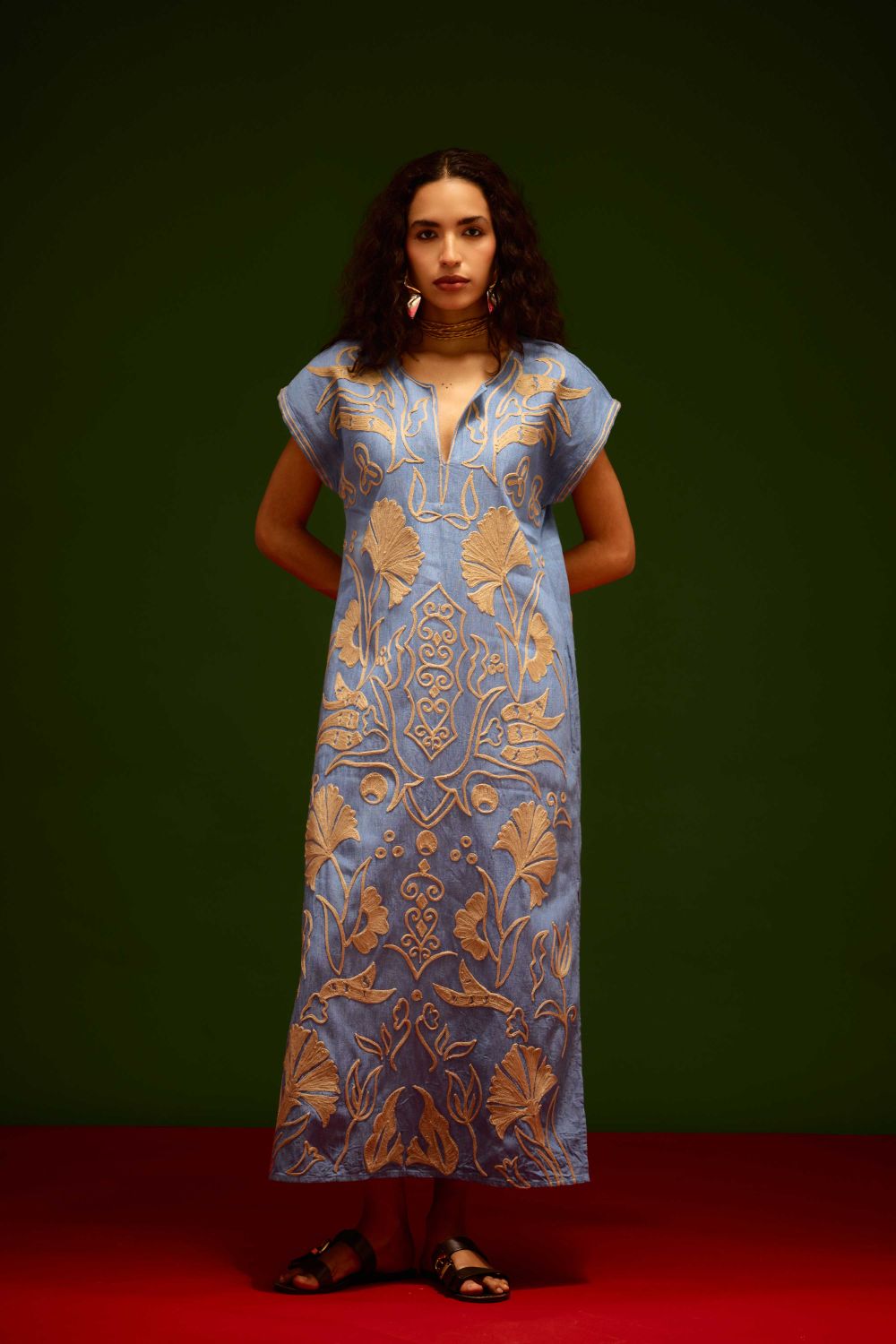 Denim Blue Cotton Maxi Dress With Orange Garden Thread Embroidery