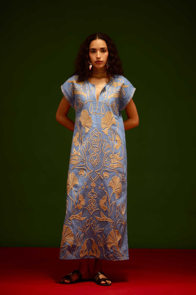 Denim Blue Cotton Maxi Dress With Orange Garden Thread Embroidery