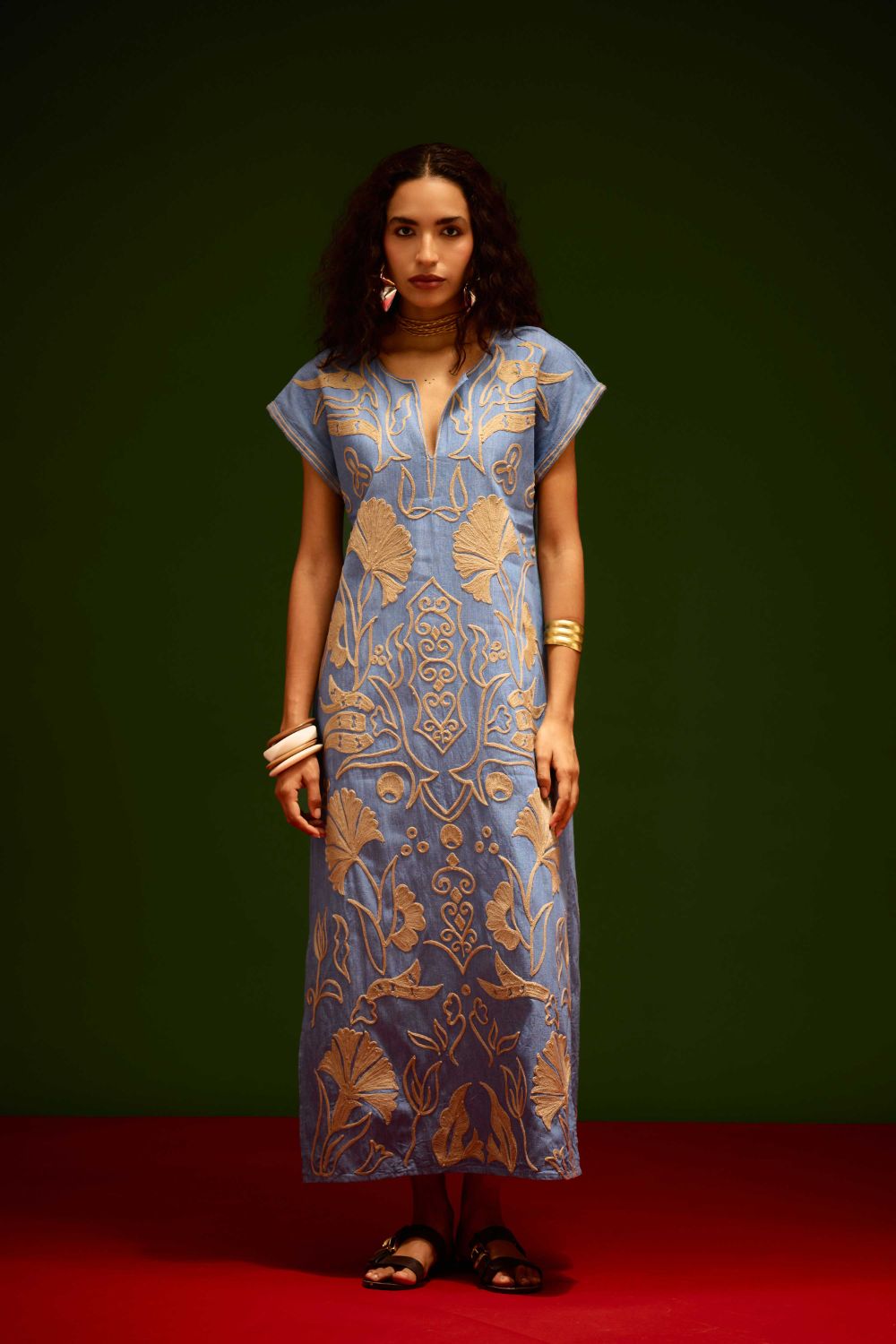 Denim Blue Cotton Maxi Dress With Orange Garden Thread Embroidery