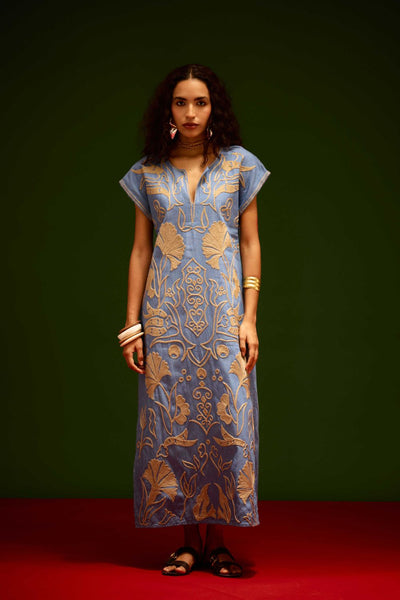 Denim Blue Cotton Maxi Dress With Orange Garden Thread Embroidery