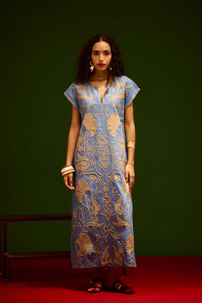 Denim Blue Cotton Maxi Dress With Orange Garden Thread Embroidery