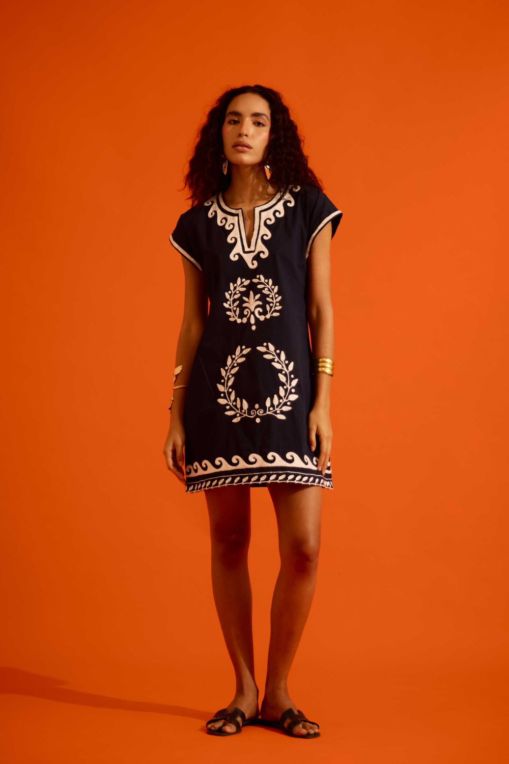 Black Cotton Shift Dress With Ivory Wave Thread Embroidery
