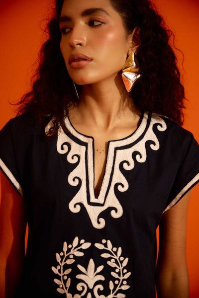 Black Cotton Shift Dress With Ivory Wave Thread Embroidery