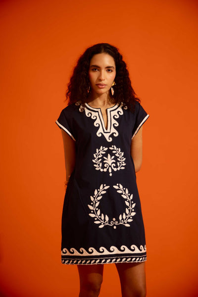 Black Cotton Shift Dress With Ivory Wave Thread Embroidery