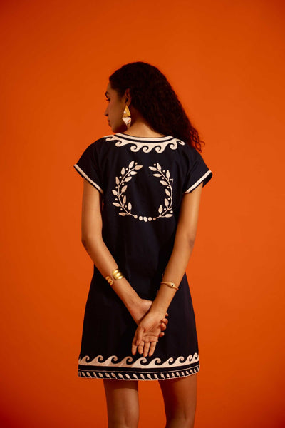 Black Cotton Shift Dress With Ivory Wave Thread Embroidery