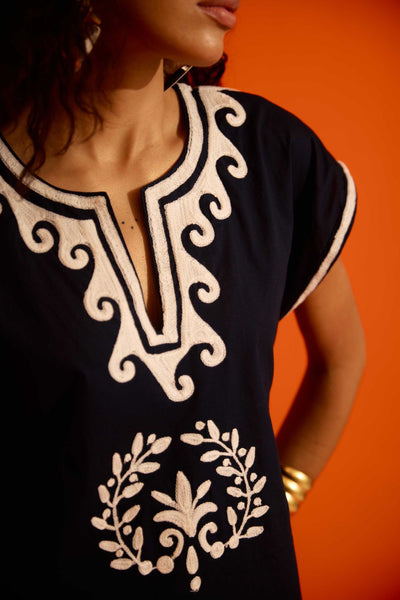 Black Cotton Shift Dress With Ivory Wave Thread Embroidery
