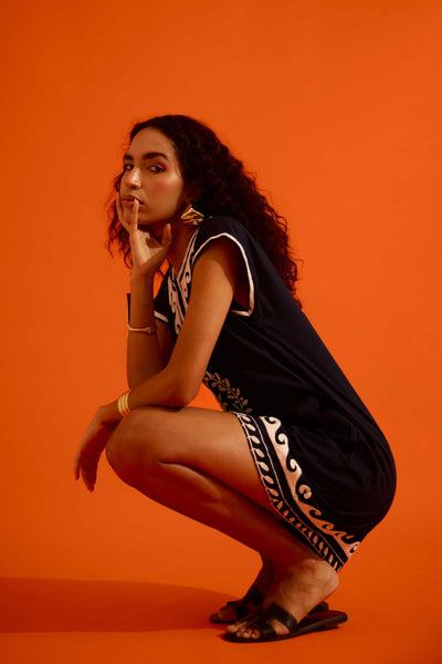 Black Cotton Shift Dress With Ivory Wave Thread Embroidery