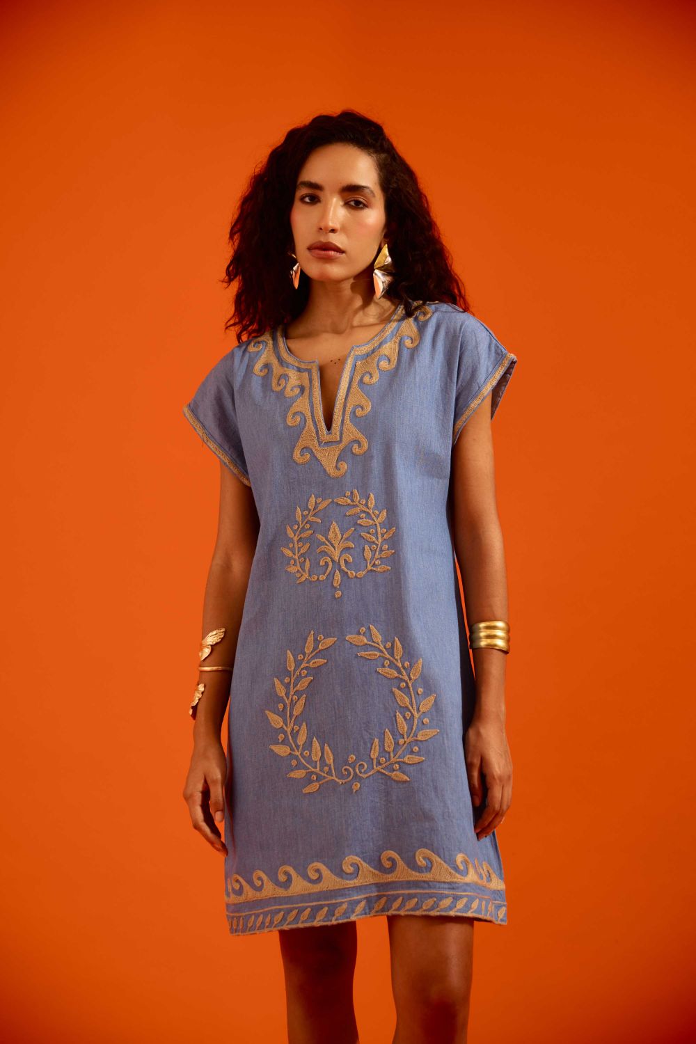 Denim Blue Cotton Shift Dress With Natural Wave Thread Embroidery
