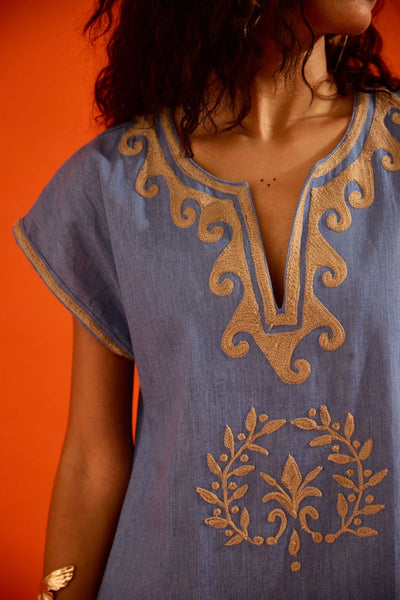 Denim Blue Cotton Shift Dress With Natural Wave Thread Embroidery