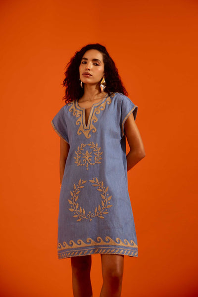 Denim Blue Cotton Shift Dress With Natural Wave Thread Embroidery