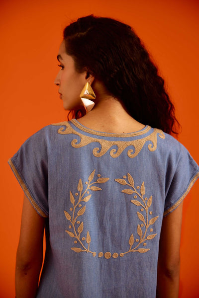 Denim Blue Cotton Shift Dress With Natural Wave Thread Embroidery