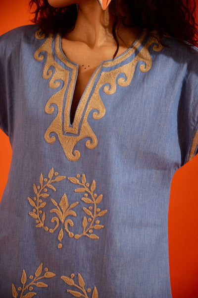 Denim Blue Cotton Shift Dress With Natural Wave Thread Embroidery