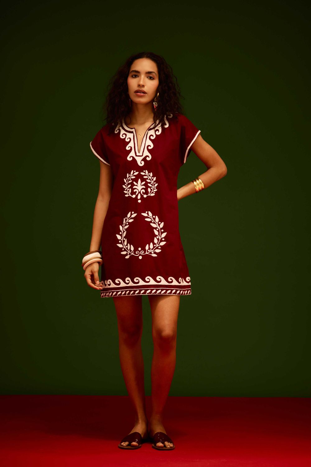 Burgundy Wine Cotton Shift Dress With Ivory Wave Thread Embroidery
