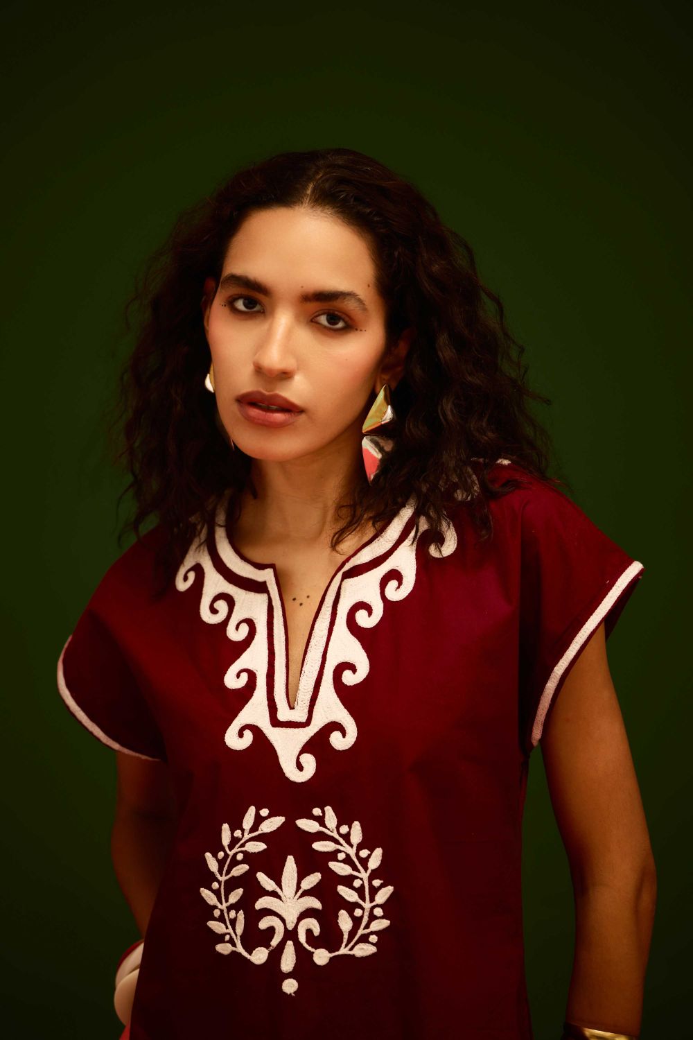 Burgundy Wine Cotton Shift Dress With Ivory Wave Thread Embroidery