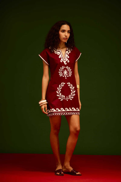 Burgundy Wine Cotton Shift Dress With Ivory Wave Thread Embroidery