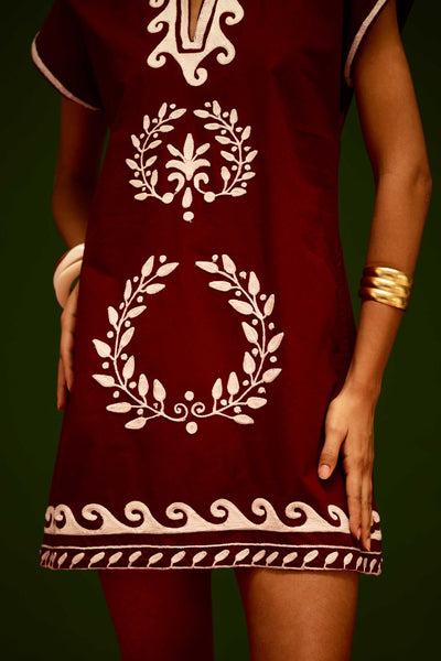 Burgundy Wine Cotton Shift Dress With Ivory Wave Thread Embroidery