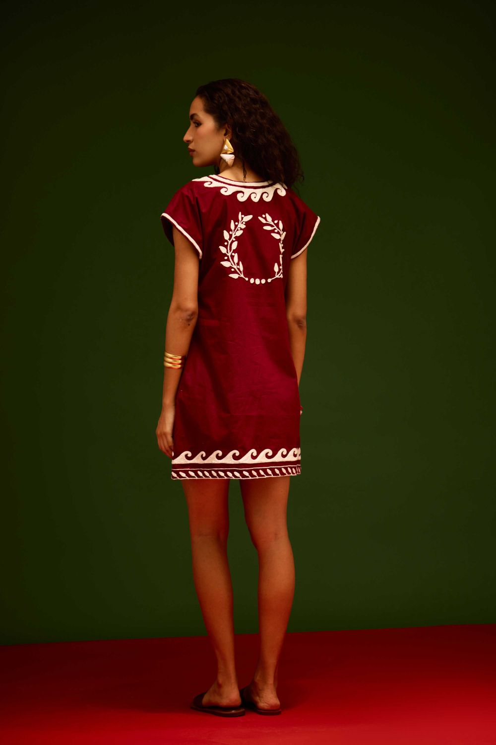 Burgundy Wine Cotton Shift Dress With Ivory Wave Thread Embroidery