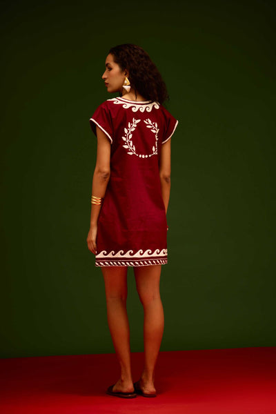 Burgundy Wine Cotton Shift Dress With Ivory Wave Thread Embroidery