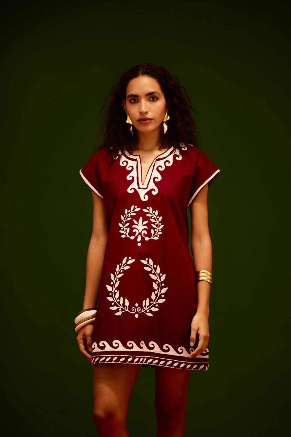 Burgundy Wine Cotton Shift Dress With Ivory Wave Thread Embroidery