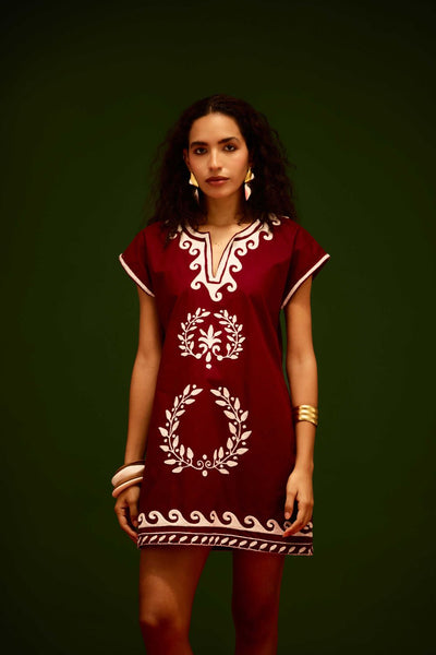 Burgundy Wine Cotton Shift Dress With Ivory Wave Thread Embroidery