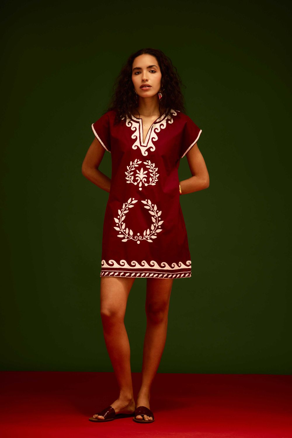 Burgundy Wine Cotton Shift Dress With Ivory Wave Thread Embroidery