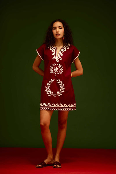 Burgundy Wine Cotton Shift Dress With Ivory Wave Thread Embroidery