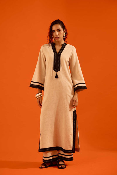 Natural Jute Tunic Set With Black Thread Embroidery