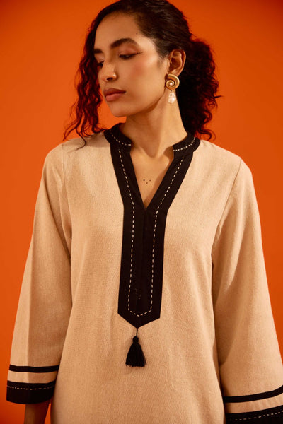 Natural Jute Tunic Set With Black Thread Embroidery
