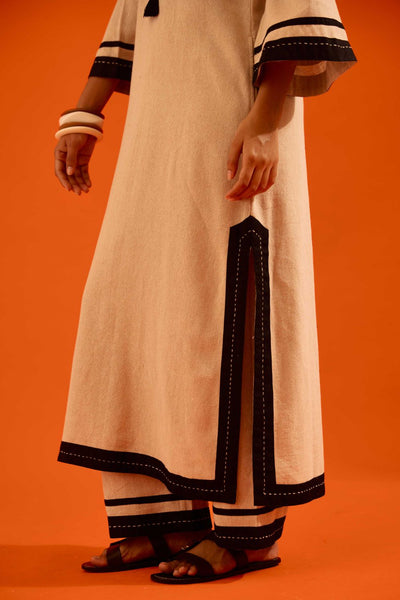 Natural Jute Tunic Set With Black Thread Embroidery