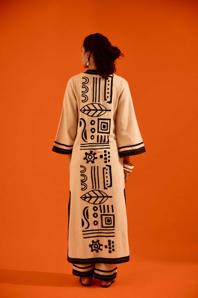 Natural Jute Tunic Set With Black Thread Embroidery