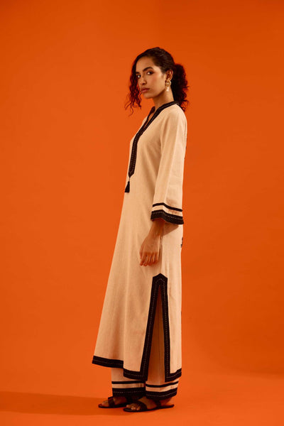 Natural Jute Tunic Set With Black Thread Embroidery