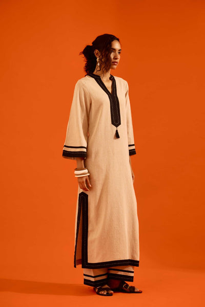 Natural Jute Tunic Set With Black Thread Embroidery