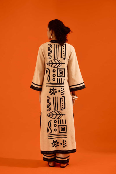 Natural Jute Tunic Set With Black Thread Embroidery