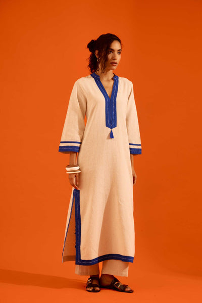 Natural Jute Tunic Set With Indigo Blue Thread Embroidery