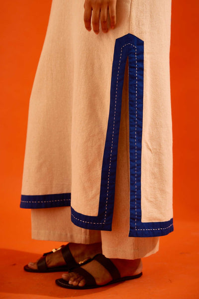 Natural Jute Tunic Set With Indigo Blue Thread Embroidery