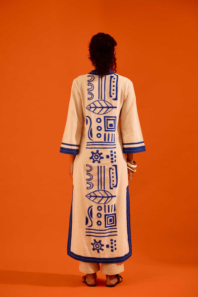 Natural Jute Tunic Set With Indigo Blue Thread Embroidery