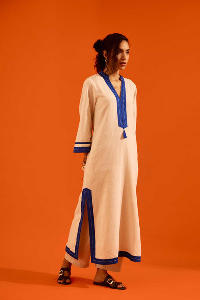 Natural Jute Tunic Set With Indigo Blue Thread Embroidery
